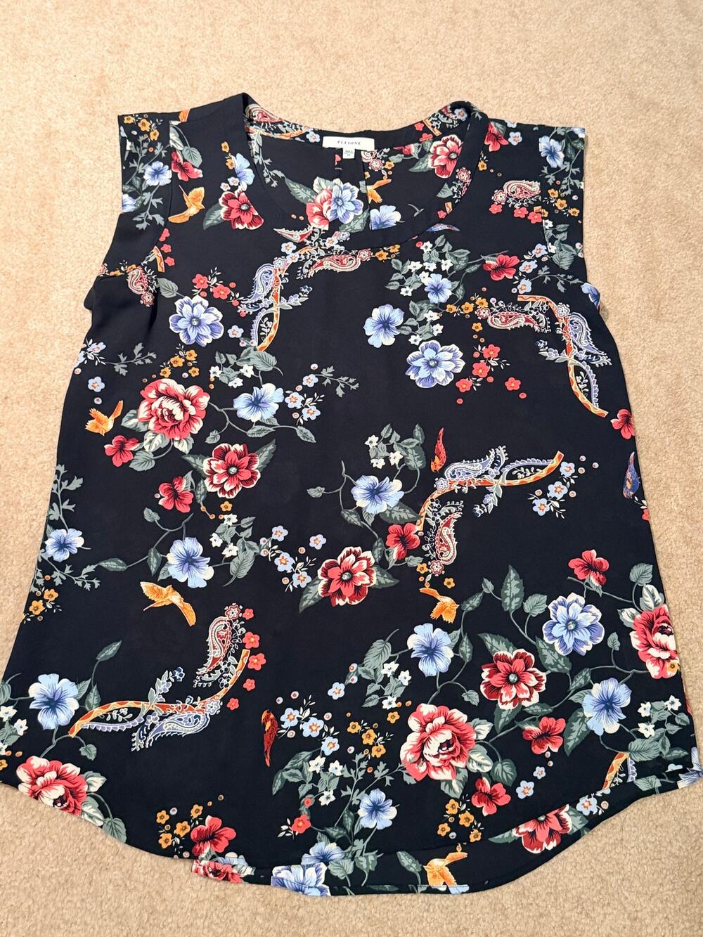 Pleione Women Black Floral Sleeveless Blouse Top Size XS Lightweight Flowy Neck